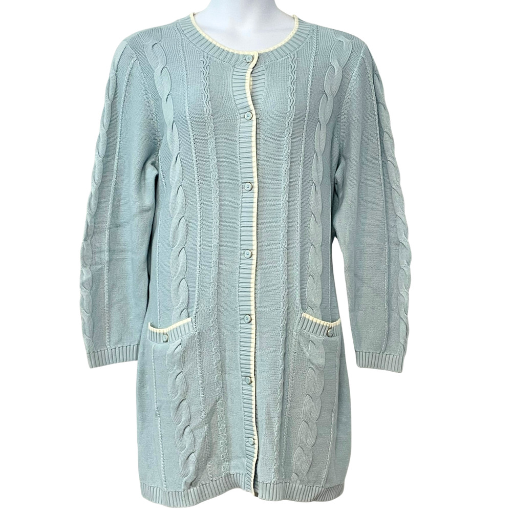 Susan Graver Sz 1X Button Front Topper Cardigan Cable Knit Blue & White A659441